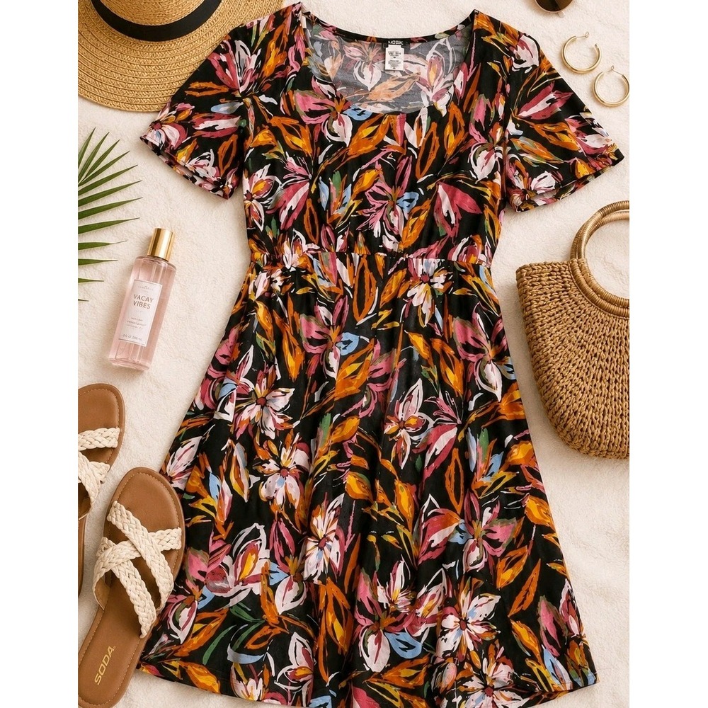 MSK 1X Floral Dress Black Pink Orange Stretch Knit Vacation Resort Fit Flare
